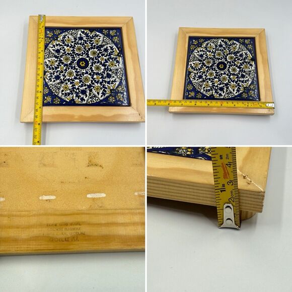 Barbour Ceramics Tile 8x8 square Stand Wood Cobalt Blue and White Yellow Flowers - Picture 11 of 16